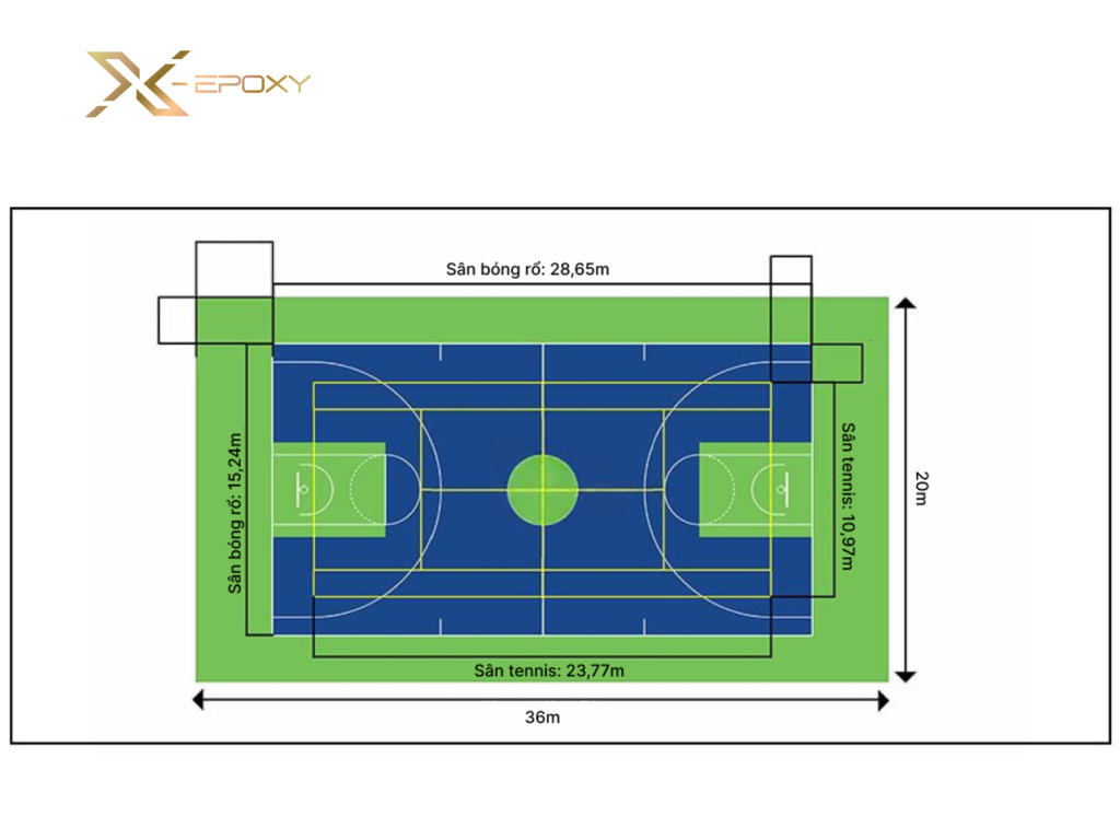 Kích thước sân đa năng kết hợp tennis và bóng rổ