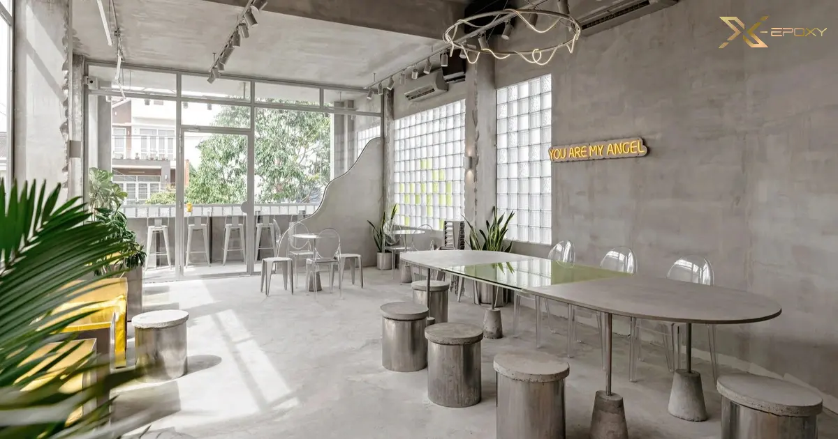 Một cửa hàng thuộc hệ thống Cà Phê Coffee House sau khi X-Epoxy thi công mài bóng sàn, sơn epoxy giữ nguyên màu bê tông