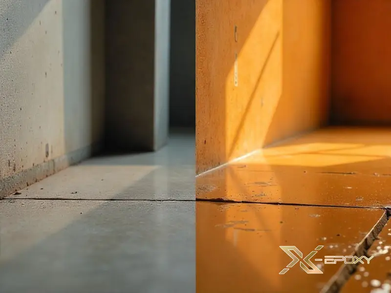 Trước và sau khắc phục: Bề mặt sàn được cải thiện rõ rệt sau khi xử lý lỗi bong tróc.