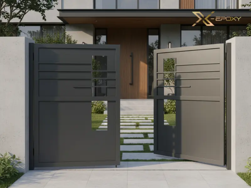 Mẫu cửa sắt sử dụng sơn dầu Đại Bàng màu ghi xám, một lựa chọn tối ưu cho không gian ngoại thất hiện đại.