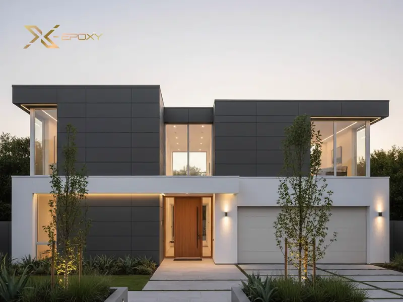 Một ngôi nhà hiện đại sử dụng bảng màu sơn ngoại thất kết hợp giữa tông ghi xám và trắng sứ, tạo nên vẻ đẹp sang trọng và không bao giờ lỗi mốt.