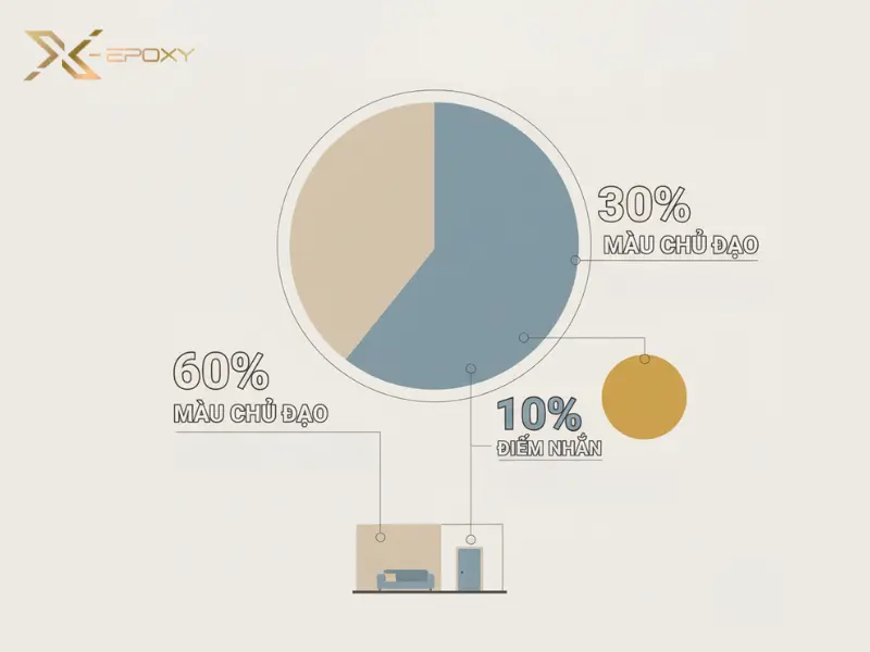 Infographic giải thích rõ ràng nguyên tắc phối màu 60-30-10, giúp người dùng dễ dàng áp dụng vào thực tế.