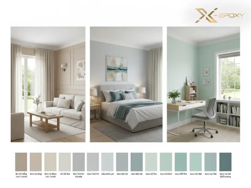 Bảng màu sơn nội thất Dulux, tập trung vào các gam màu be, xám, xanh nhạt phổ biến trong không gian phòng khách, phòng ngủ.