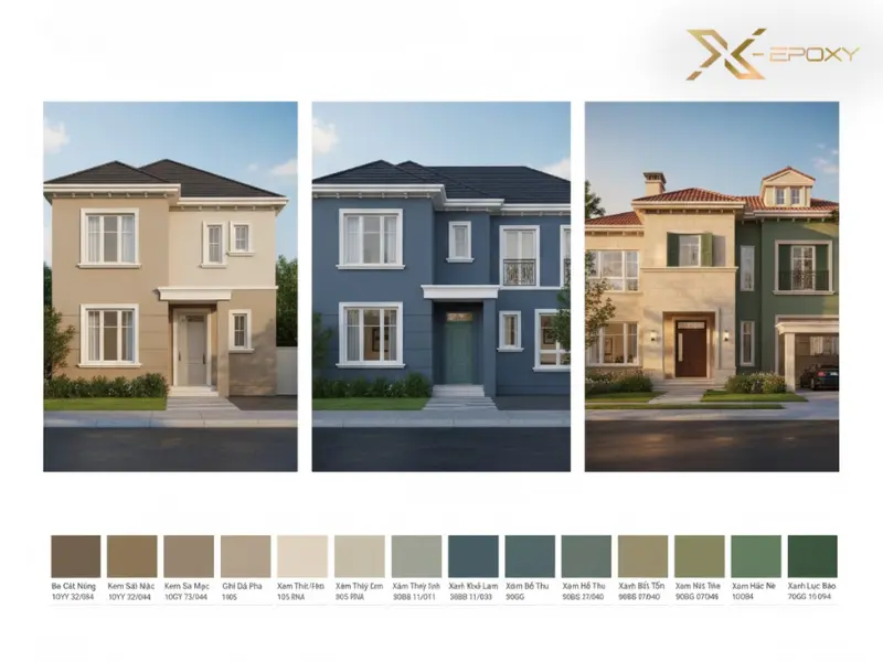 Bảng màu sơn ngoại thất Dulux, bao gồm các màu trung tính, xanh đậm, và be, thường dùng cho mặt tiền và các mảng tường lớn. 
