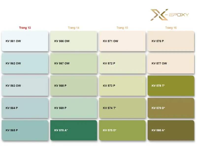 Bảng màu từ trang 13 đến trang 16 trong bảng màu Kova 2025