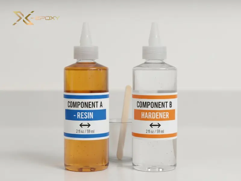 Hình ảnh rõ nét hai chai hoặc ống keo (thành phần A - Resin và thành phần B - Hardener) đặt cạnh nhau, thể hiện sự tách biệt của hai hợp chất trước khi trộn.