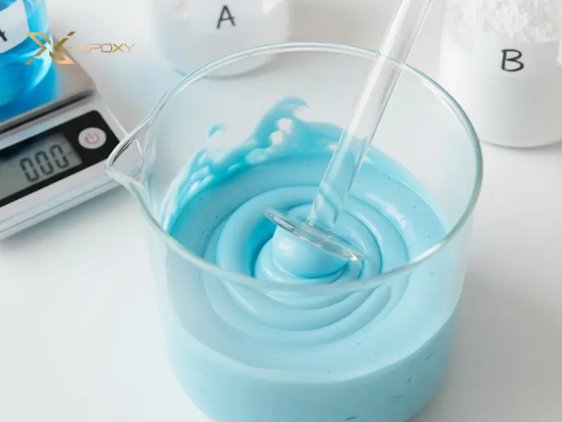 Cận cảnh hành động trộn đều hai thành phần A và B trong một chiếc cốc hoặc bát sạch bằng que trộn, nhấn mạnh tầm quan trọng của việc trộn đều và đúng tỷ lệ.