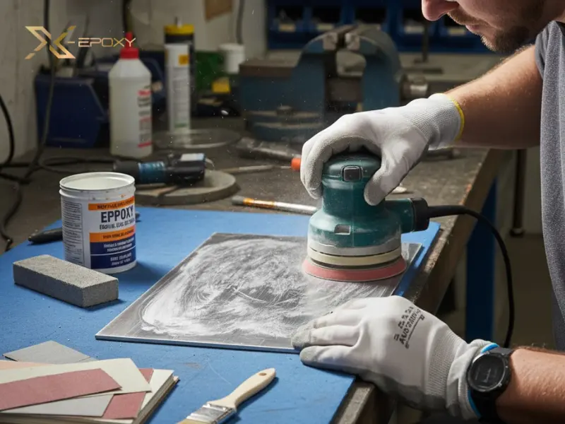 Hình ảnh một người đang dùng giấy nhám hoặc máy mài để tạo nhám trên bề mặt kim loại hoặc nhựa trước khi bôi keo, thể hiện bước chuẩn bị then chốt.
