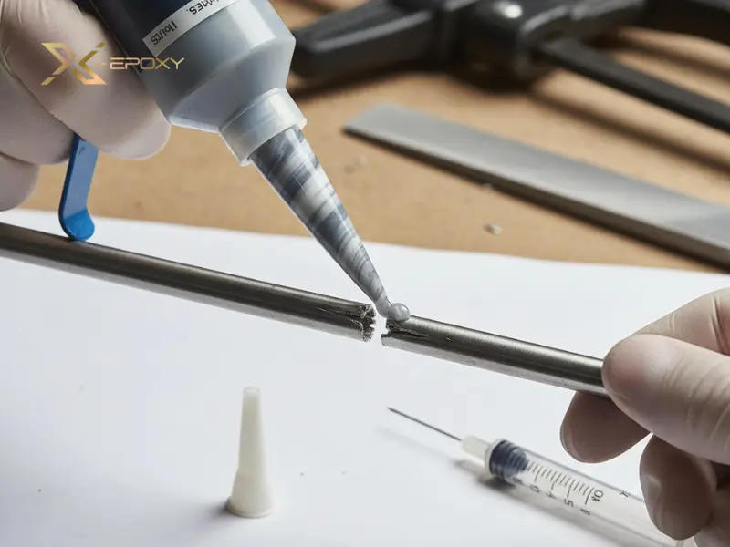 Hình ảnh ứng dụng keo 2 thành phần để sửa chữa một vật dụng cụ thể, ví dụ như dán lại một chi tiết kim loại bị gãy hoặc gắn kết hai thanh gỗ chịu lực.