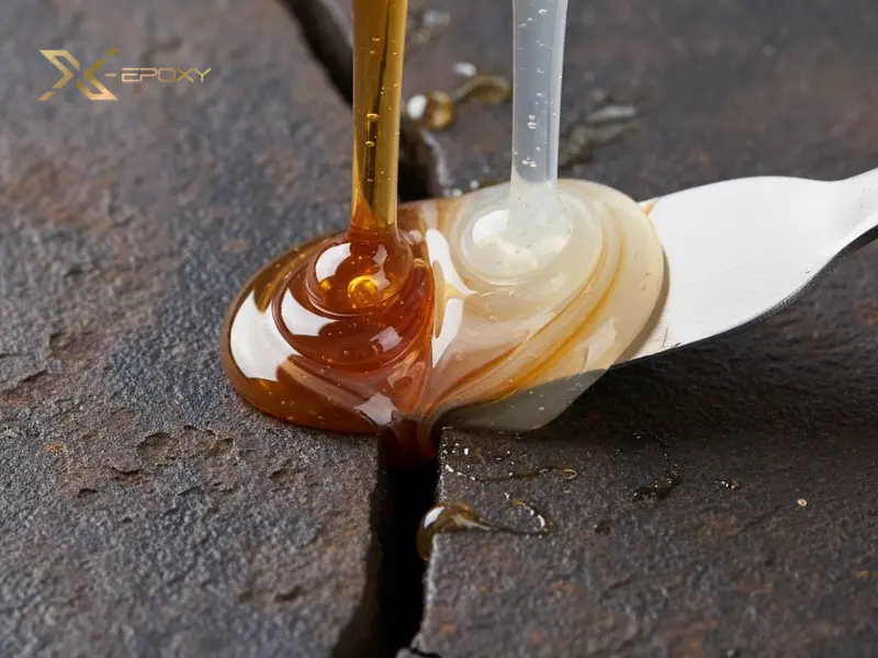 Cận cảnh keo epoxy 2 thành phần được trộn và trám vào một vết nứt trên bề mặt gang, cho thấy khả năng lấp đầy khe hở và bám dính vượt trội của keo chuyên dụng.