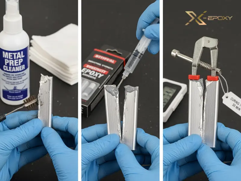 Quy trình sửa chữa một chi tiết kim loại bị gãy, cho thấy cách làm sạch và dán lại hiệu quả bằng keo chuyên dụng.