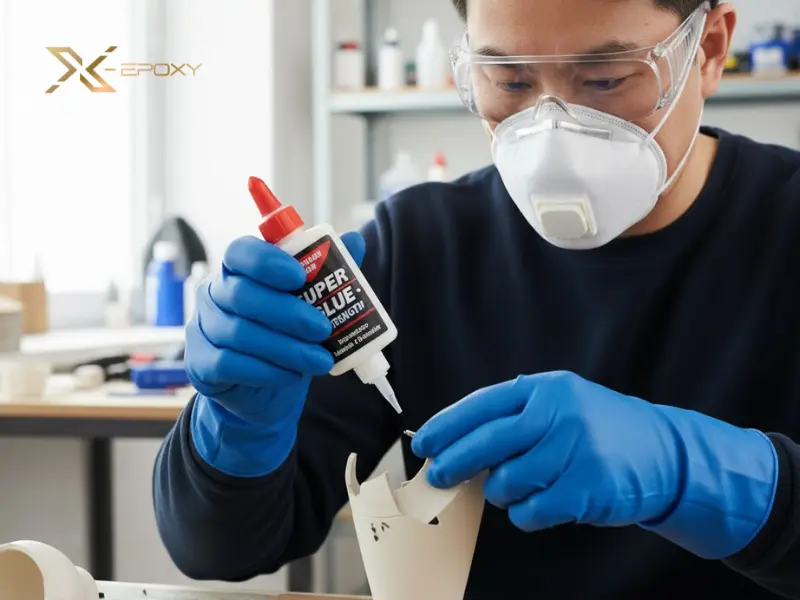 Trang bị đầy đủ bảo hộ cá nhân gồm găng tay, kính và khẩu trang giúp đảm bảo an toàn tối đa khi làm việc với keo dán sắt.